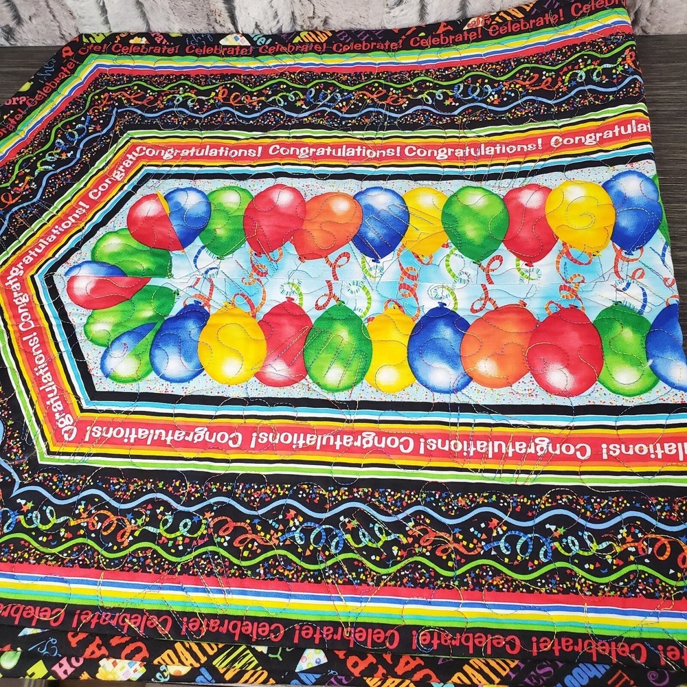 Congratulations Balloon Confetti‎ Party Fabric Table Runner Long Arm Stitch, 42"